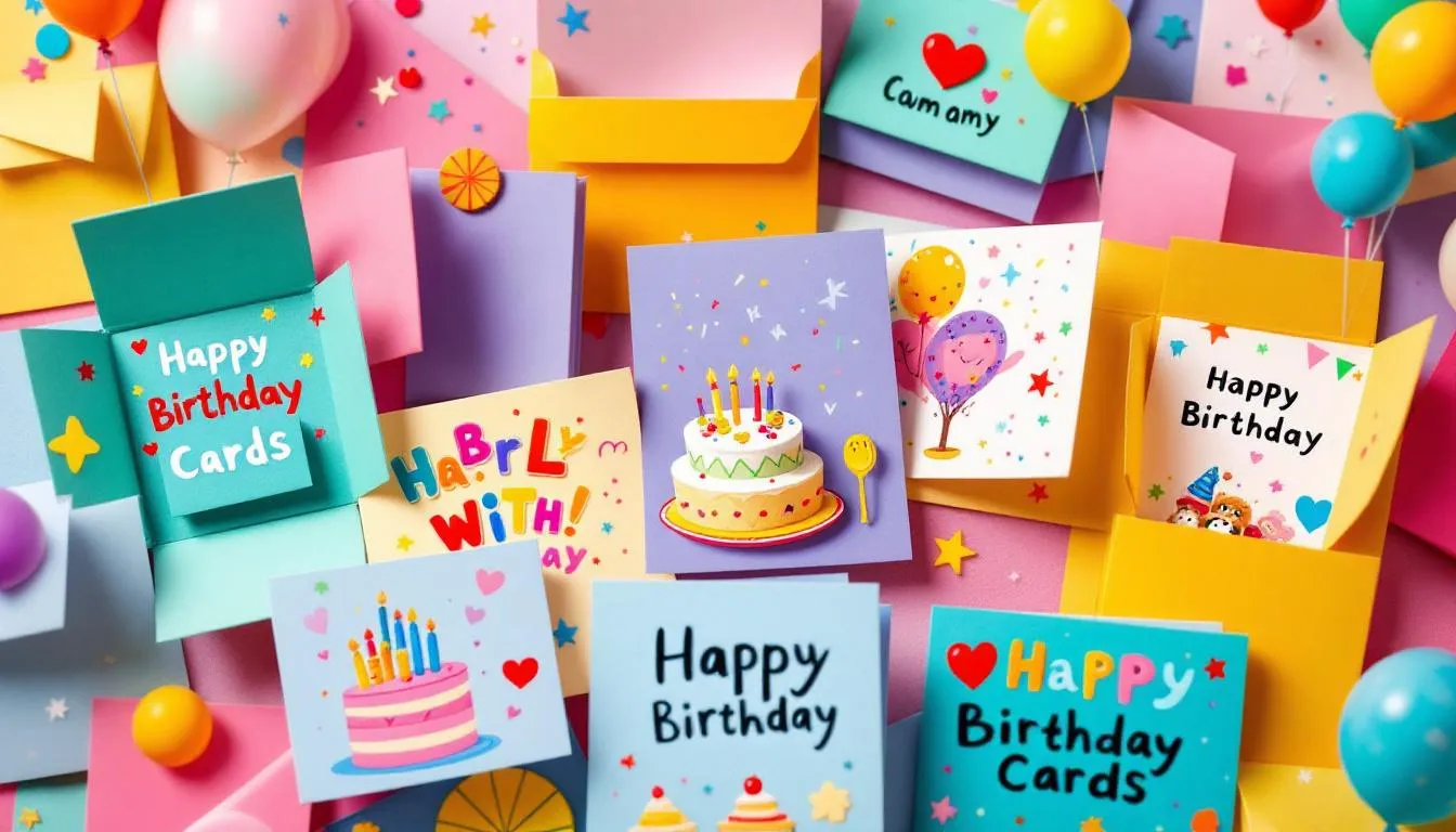 A collection of personalised birthday cards showcasing unique designs and heartfelt messages.