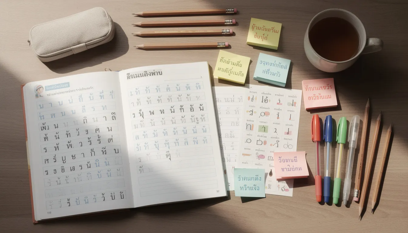 The image features various Thai writing tools and practice materials arranged on a desk, including pens, paper with Thai letters, and charts displaying the Thai alphabet, vowels, and consonants. These resources are essential for learning Thai, a tonal language with its unique writing system, helping users practice writing Thai words and understanding tone rules.