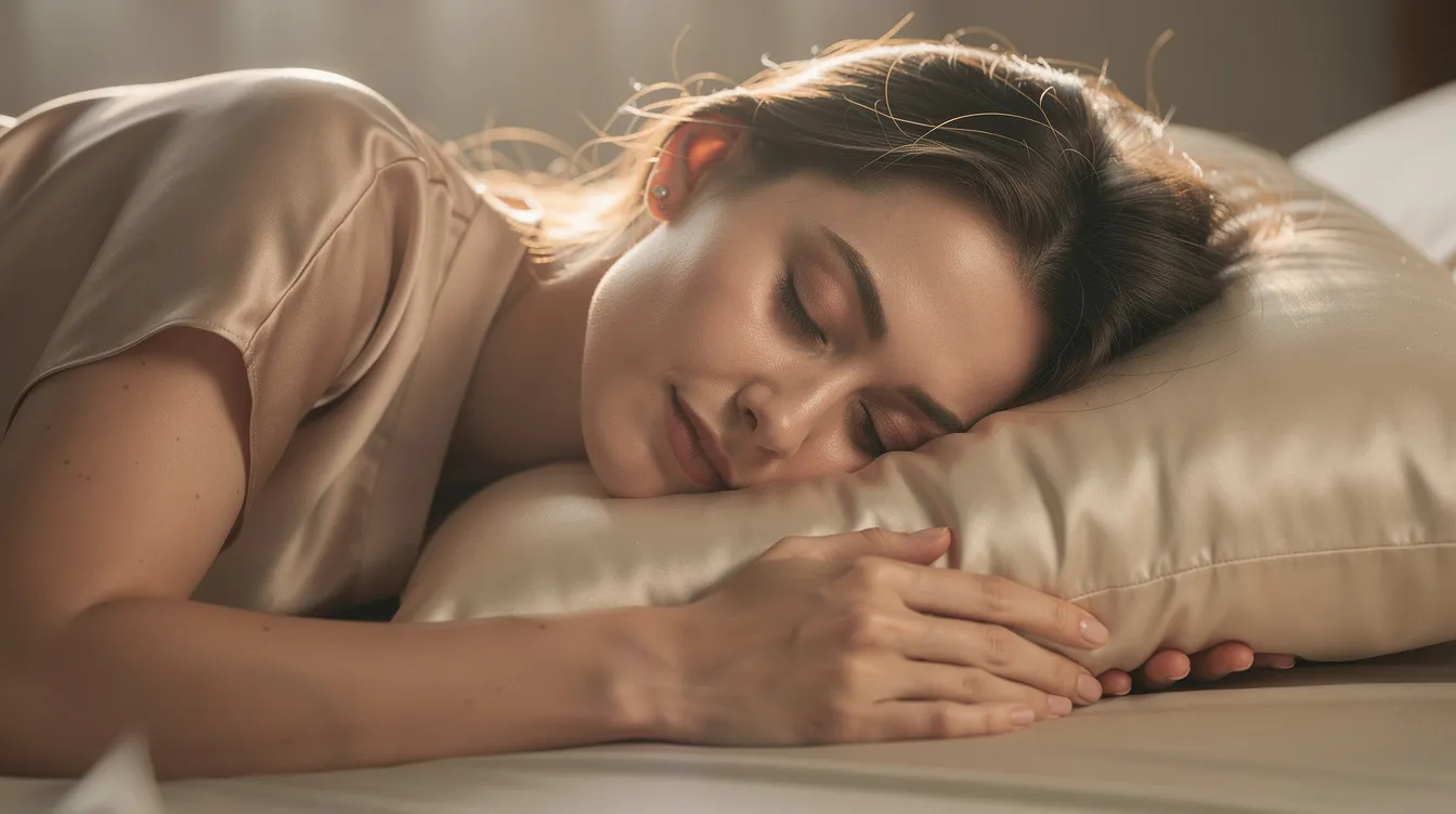 A woman is peacefully sleeping on her side, resting her head on a smooth mulberry silk pillowcase that enhances her beauty sleep. The luxurious feel of the pure silk fabric helps reduce frizz and provides gentle care for her sensitive skin.