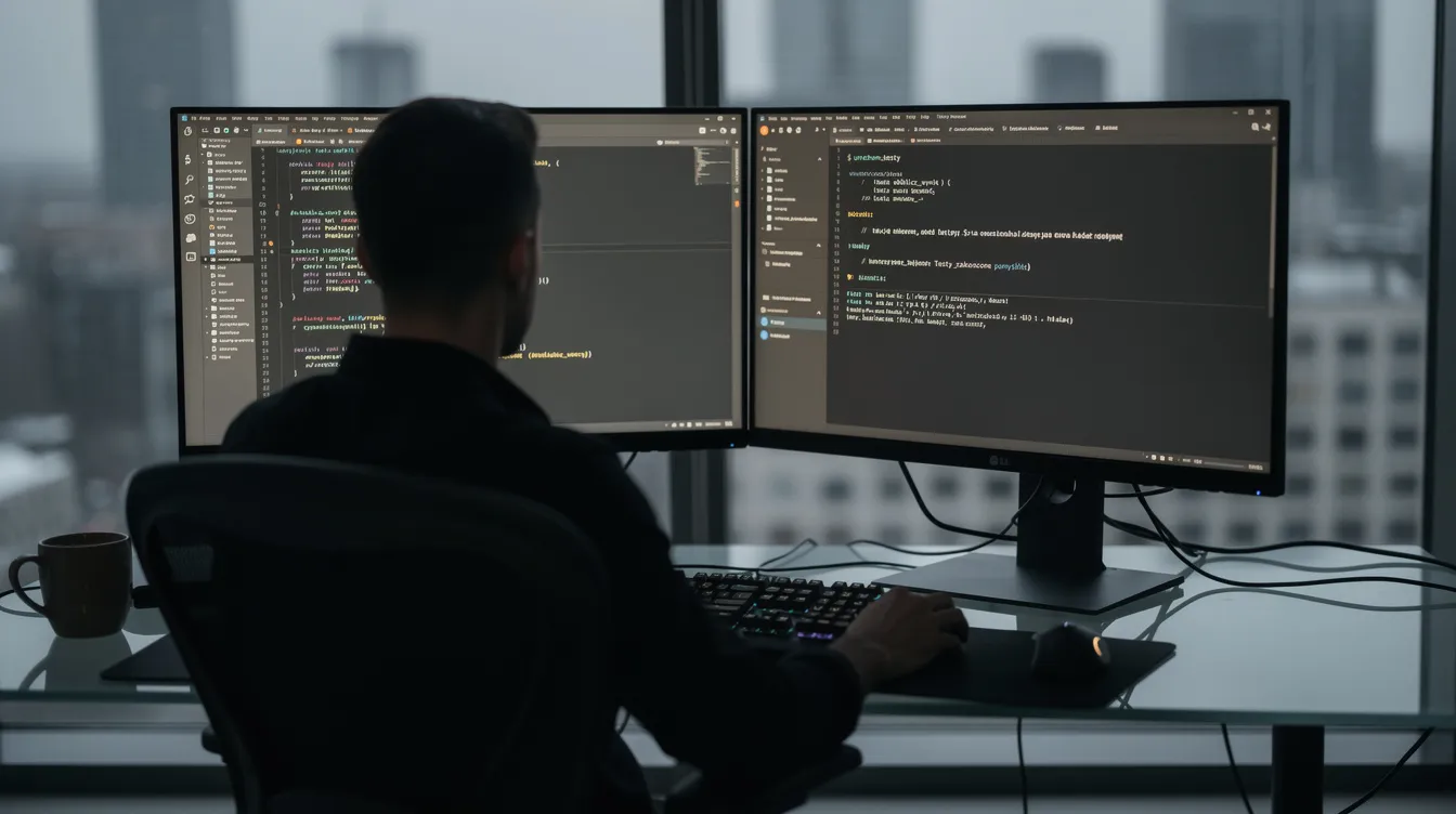 Na obrazie widać programistę analizującego kod aplikacji webowych na dwóch monitorach, na jednym z nich znajduje się otwarty terminal, a na drugim edytor kodu. Użytkownik pracuje w środowisku Laravel, co pozwala mu na szybki rozwój nowoczesnych aplikacji webowych oraz skuteczną optymalizację ich wydajności.