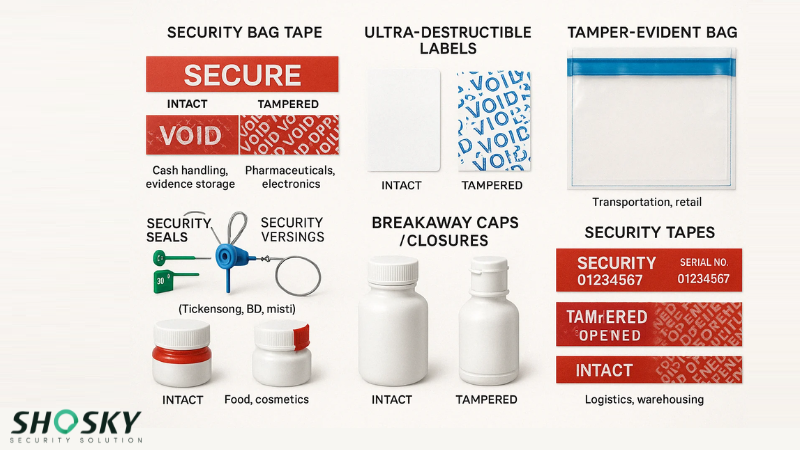 Examples of tamper-evident packaging solutions, including caps, bags, and closures.