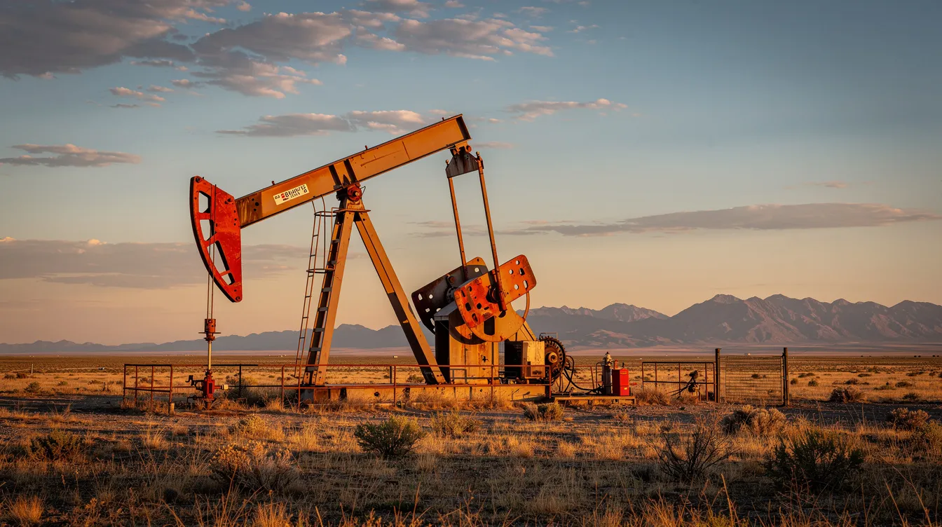 An oil pumpjack is actively operating in the open plains during golden hour, with distant mountains silhouetted against the colorful sky. This scene reflects the essence of oil and gas exploration, highlighting the importance of oil and gas leases and the development of natural resources.
