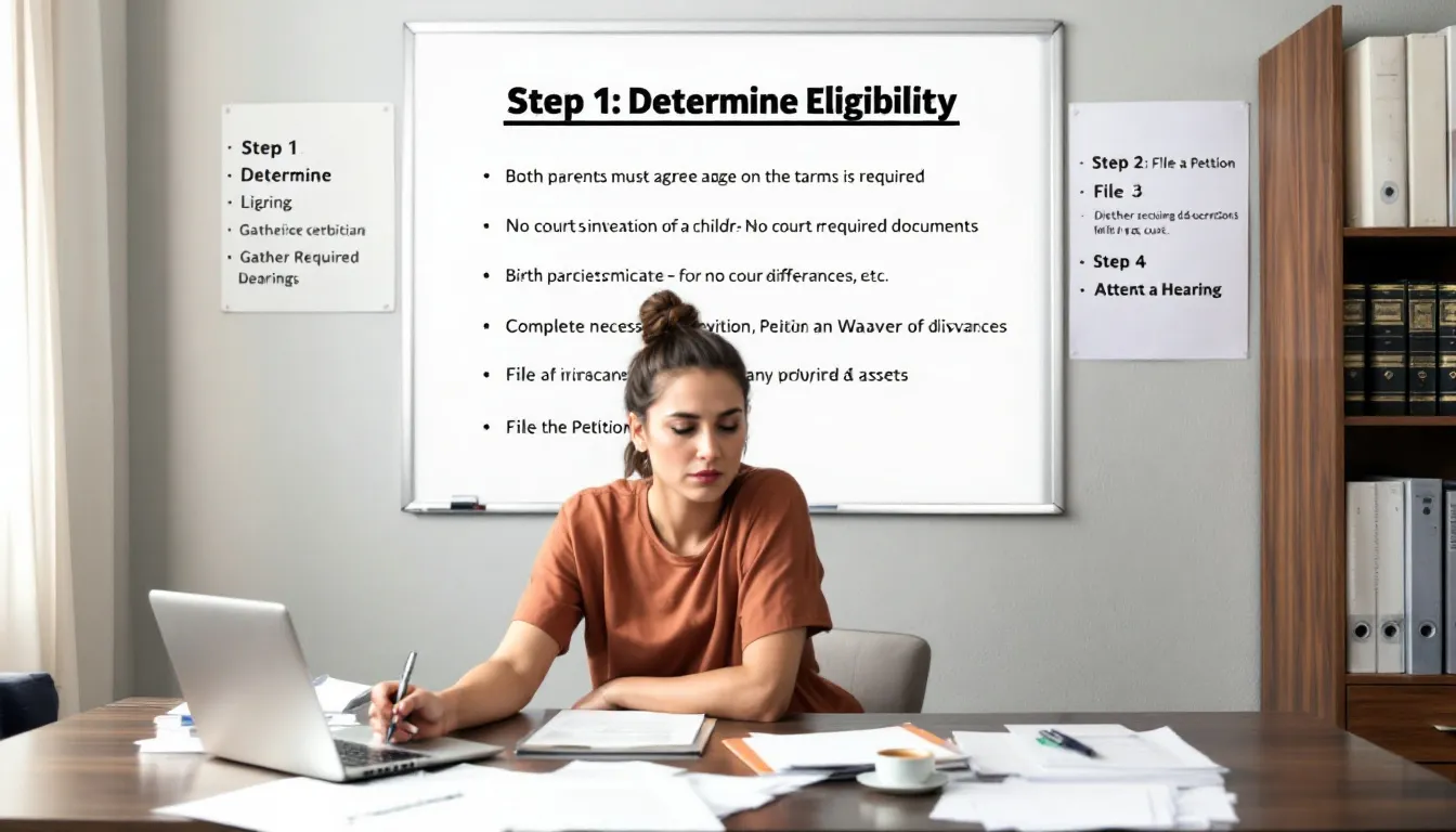 Woman reviewing divorce eligibility steps at a desk with paperwork and a laptop, with a whiteboard displaying guidelines for uncontested divorce in Texas.