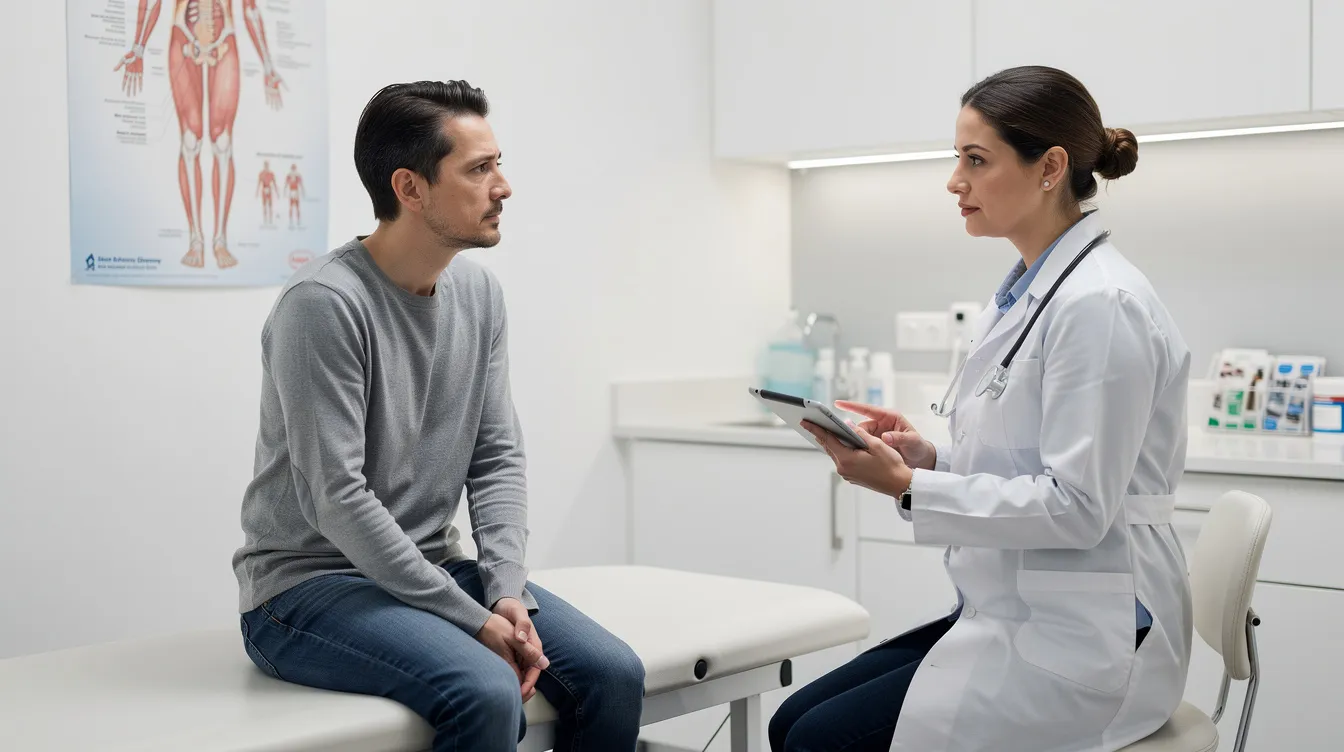 The image shows a person sitting across from a doctor in a clinical setting, discussing health concerns related to sleep quality and blood sugar levels. The doctor is likely providing guidance on managing conditions such as sleep apnea and diabetes, emphasizing the importance of consistent sleep patterns for overall well-being.