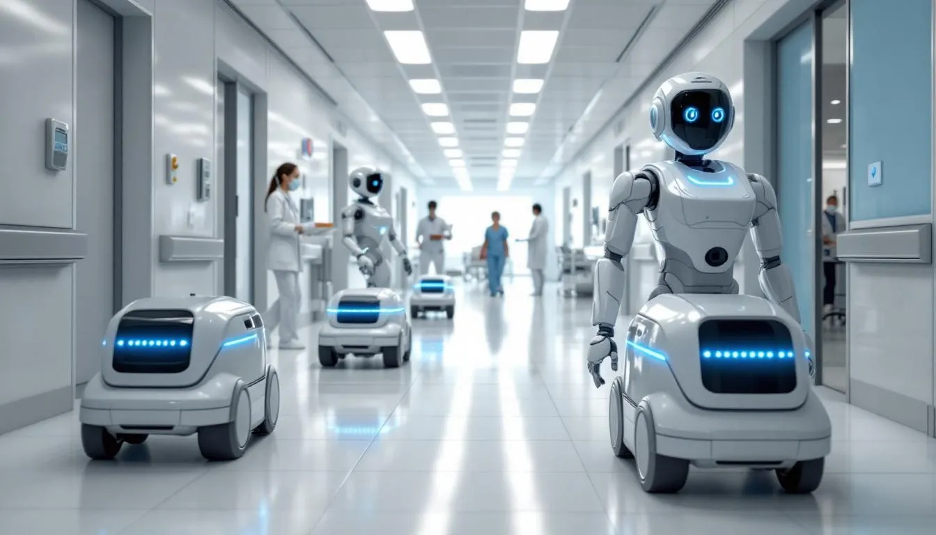 In a modern healthcare facility, autonomous robots are seen navigating hospital corridors, assisting healthcare professionals by automating repetitive tasks such as transporting medical supplies and medications, thereby improving patient care and operational efficiency. These medical robots contribute to enhanced patient outcomes while allowing healthcare workers to focus on direct patient care and complex medical procedures.