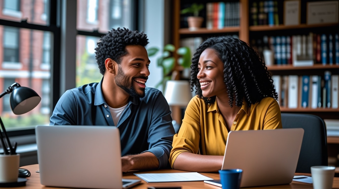 Happy couple expressing fondness and admiration during online couples therapy session in NYC.