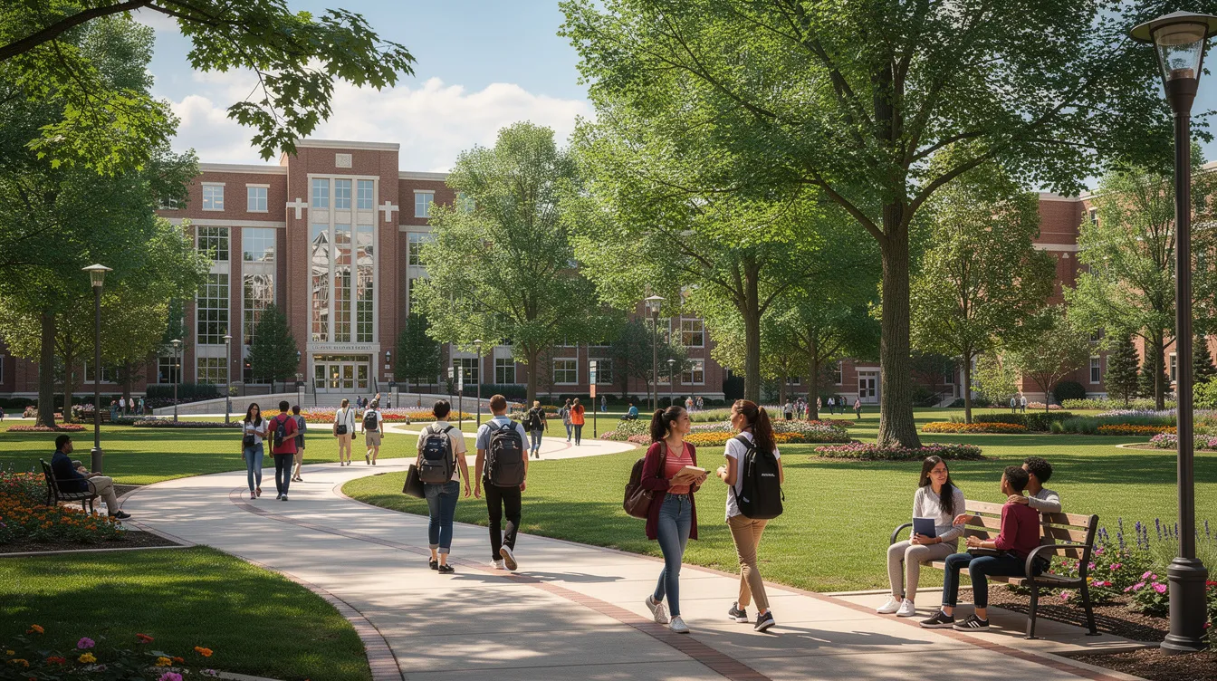 The image depicts a vibrant university campus where students stroll along tree-lined pathways, embodying the essence of higher education. In the background, various academic buildings can be seen, creating an atmosphere that celebrates learning and community.