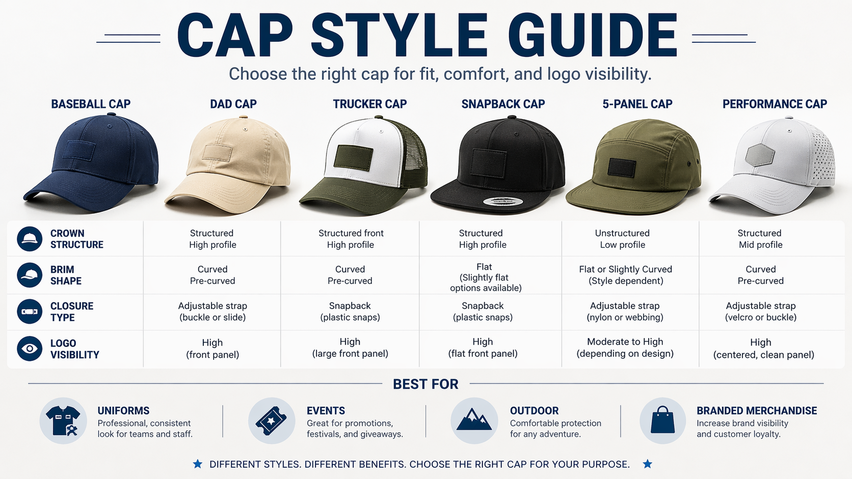 Baseball cap style guide comparing dad hat, trucker hat, snapback, 5-panel, and performance cap options
