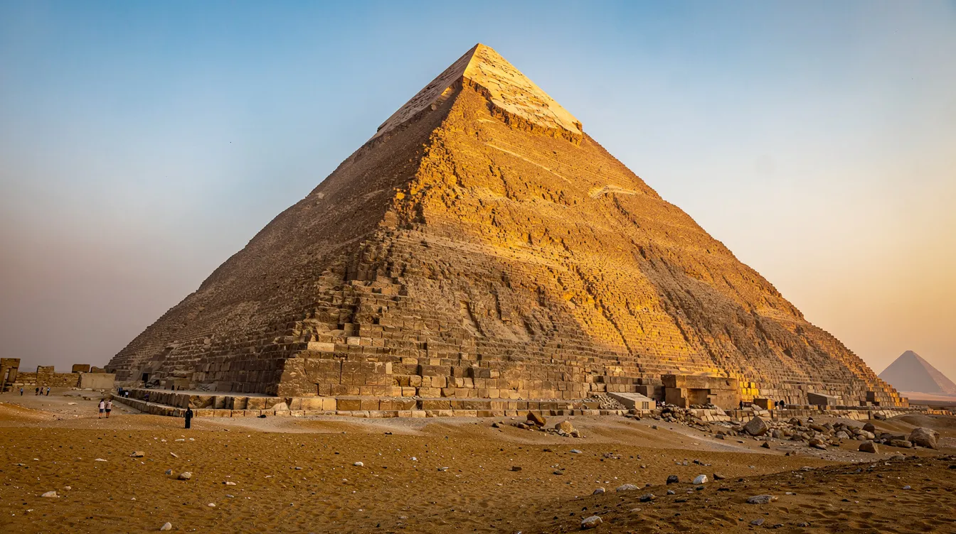 A imagem mostra a famosa pirâmide de Gizé, uma das Sete Maravilhas do Mundo Antigo, com sua imponente estrutura triangular e exterior de pedras. Ao fundo, pode-se imaginar as paisagens áridas do Egito, onde a pirâmide se destaca como um monumento histórico de milhares de anos.