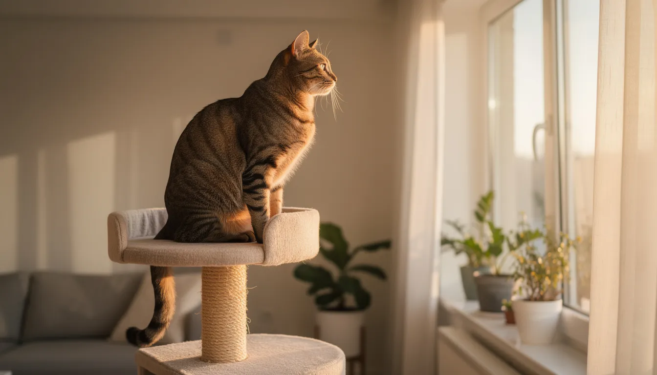 A tabby cat sits atop a tall cat tree, gazing out a sunny window, enjoying visual stimulation from the outside world. This indoor enrichment idea provides the cat with a perfect perch for observing nature, promoting mental exercise and independent play.