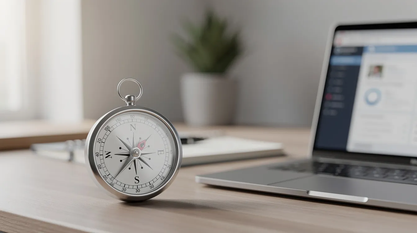 Une boussole posée sur un bureau moderne à côté d'un ordinateur portable symbolise la guidance et la direction dans un cadre professionnel. Cet élément évoque l'importance de fixer des objectifs professionnels et de planifier des étapes pour atteindre ses ambitions de carrière.