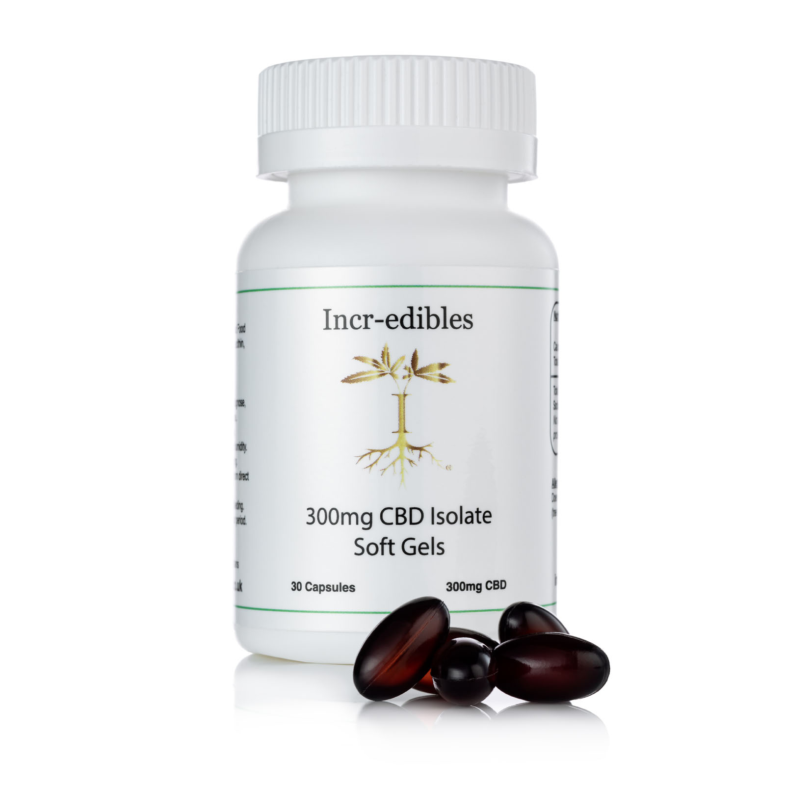 1 White bottle of CBD Isolate Soft gel capsules with capsules in front.