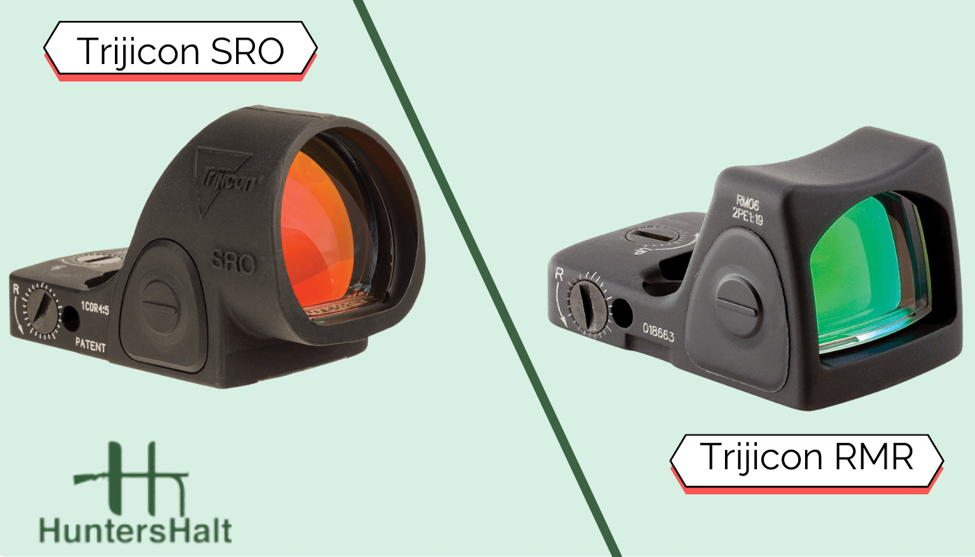 picture comparing the Trijicon SRO vs RMR red dot optics with a green background