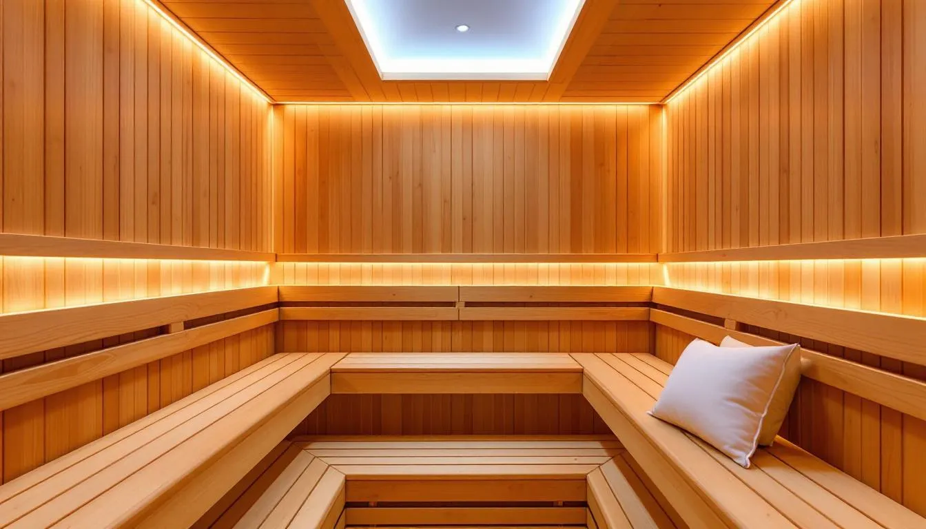 The image depicts the interior of a premium indoor sauna featuring ergonomic benches crafted from high-quality cedar, complemented by soothing chromotherapy lighting that enhances the sauna experience. This serene environment highlights the luxurious design elements typical of a home sauna, perfect for relaxation and health benefits.
