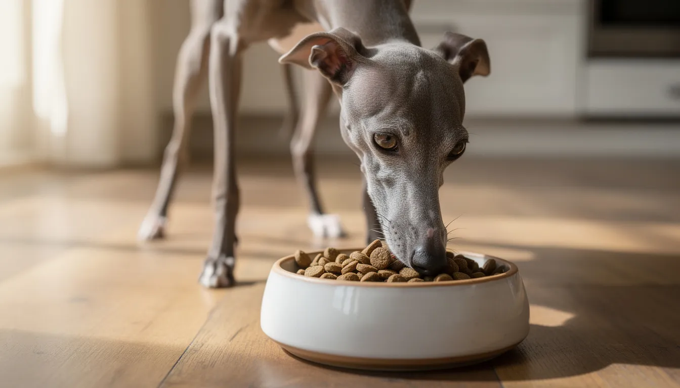 An Italian Greyhound is happily eating high-quality kibble from a sleek dog bowl, showcasing its slender legs and smooth coat. This small dog, known for its gentle personality and big character, enjoys its meal in a cozy home setting.