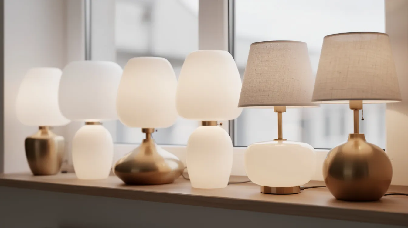 En närbild av olika fönsterlampor i opalglas, mässing och textilskärm, som står uppställda bredvid varandra. Dessa lampor representerar olika stilar och material, vilket skapar en inbjudande atmosfär och ger behagligt ljus till rummet.