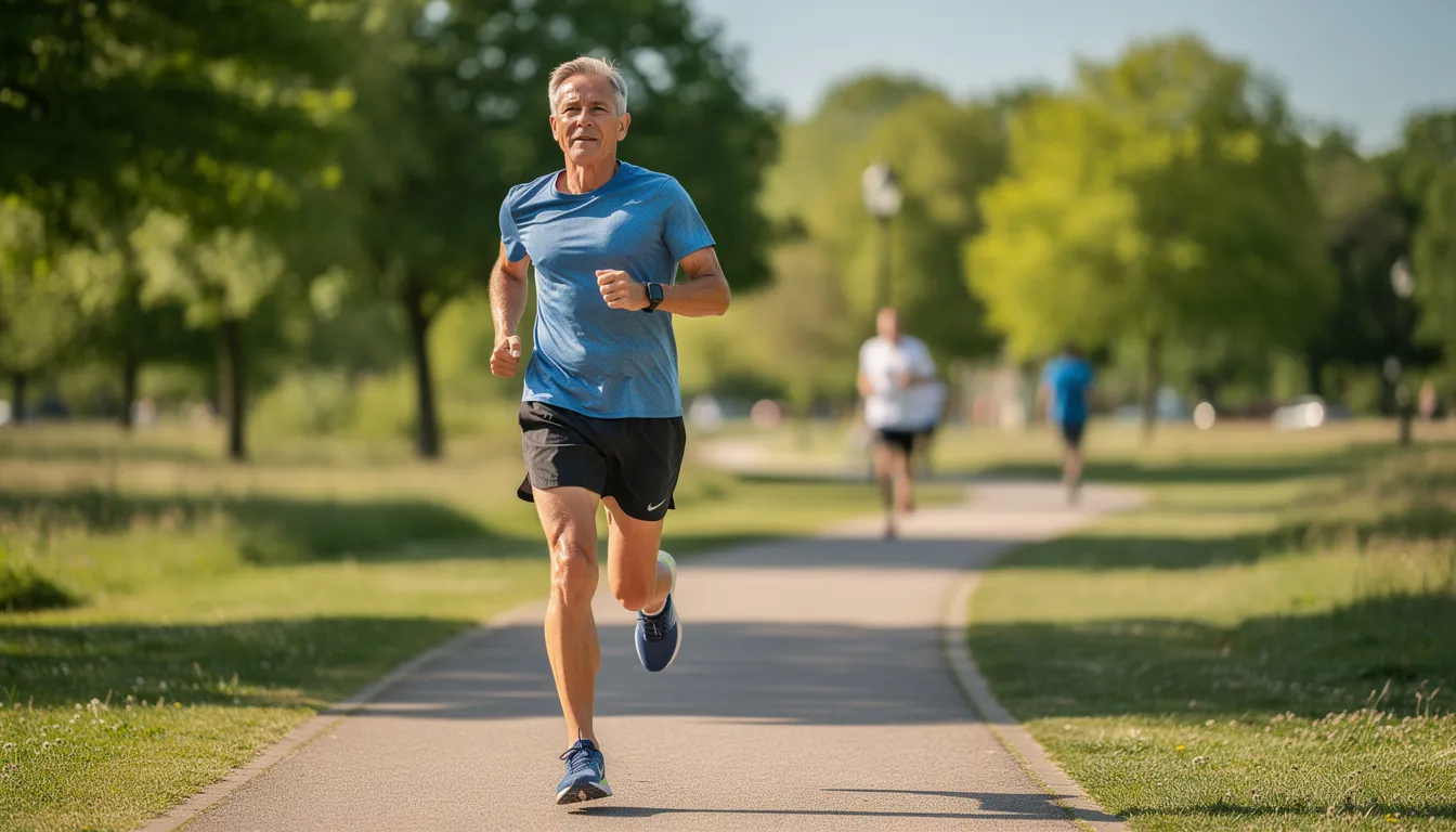 A healthy middle-aged person is exercising outdoors under natural sunlight, embodying active aging and vitality. This scene highlights the importance of maintaining physical function and energy levels, which can be supported by dietary supplements like nicotinamide mononucleotide (NMN) that promote cellular health and potentially enhance overall well-being.
