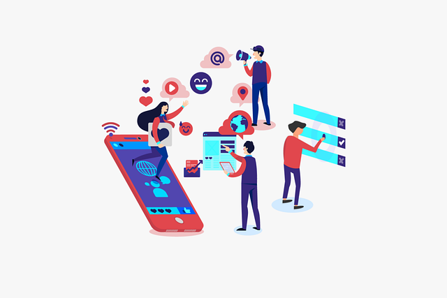 Illustration that shows a mobile phone and people