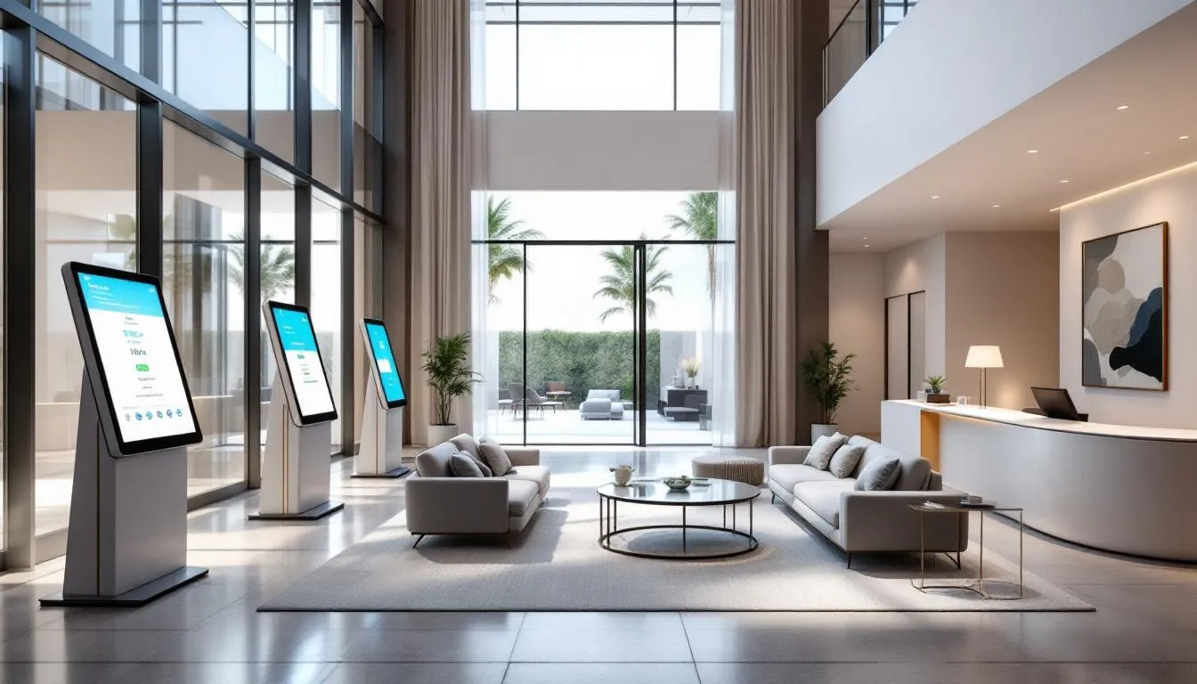 The image depicts a modern hotel lobby featuring sleek digital check-in kiosks, showcasing technology integration to enhance guest services and operational efficiency. This contemporary space reflects advancements in the hospitality industry, aiming to deliver exceptional guest experiences through efficient management and centralized operations.
