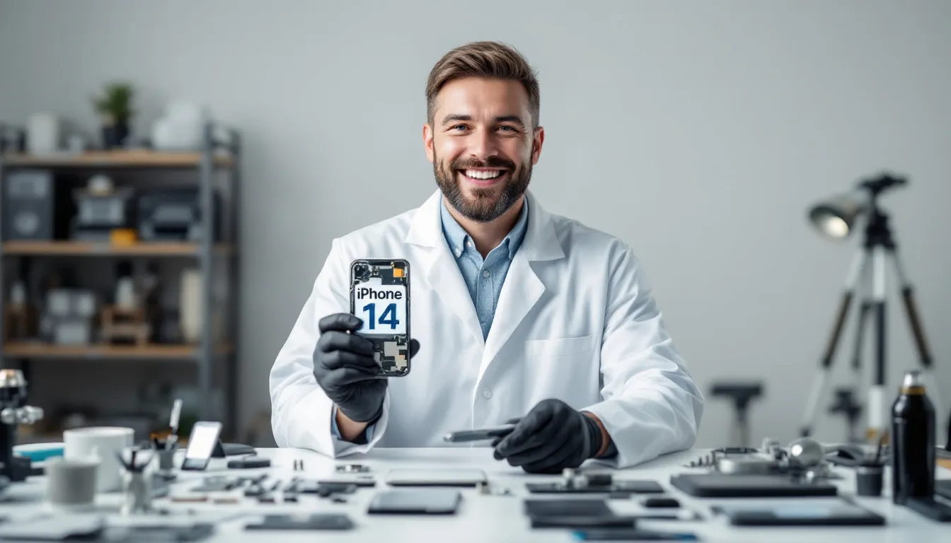 Przygotowanie iPhone 14 do wymiany baterii w serwisie.