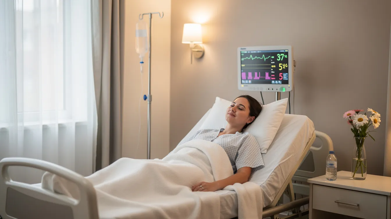 The image shows a patient resting comfortably in a softly lit recovery room following a facial fat grafting procedure. The serene environment highlights the patient's peaceful state during the recovery period after the cosmetic surgery, aimed at restoring volume and enhancing facial contours.