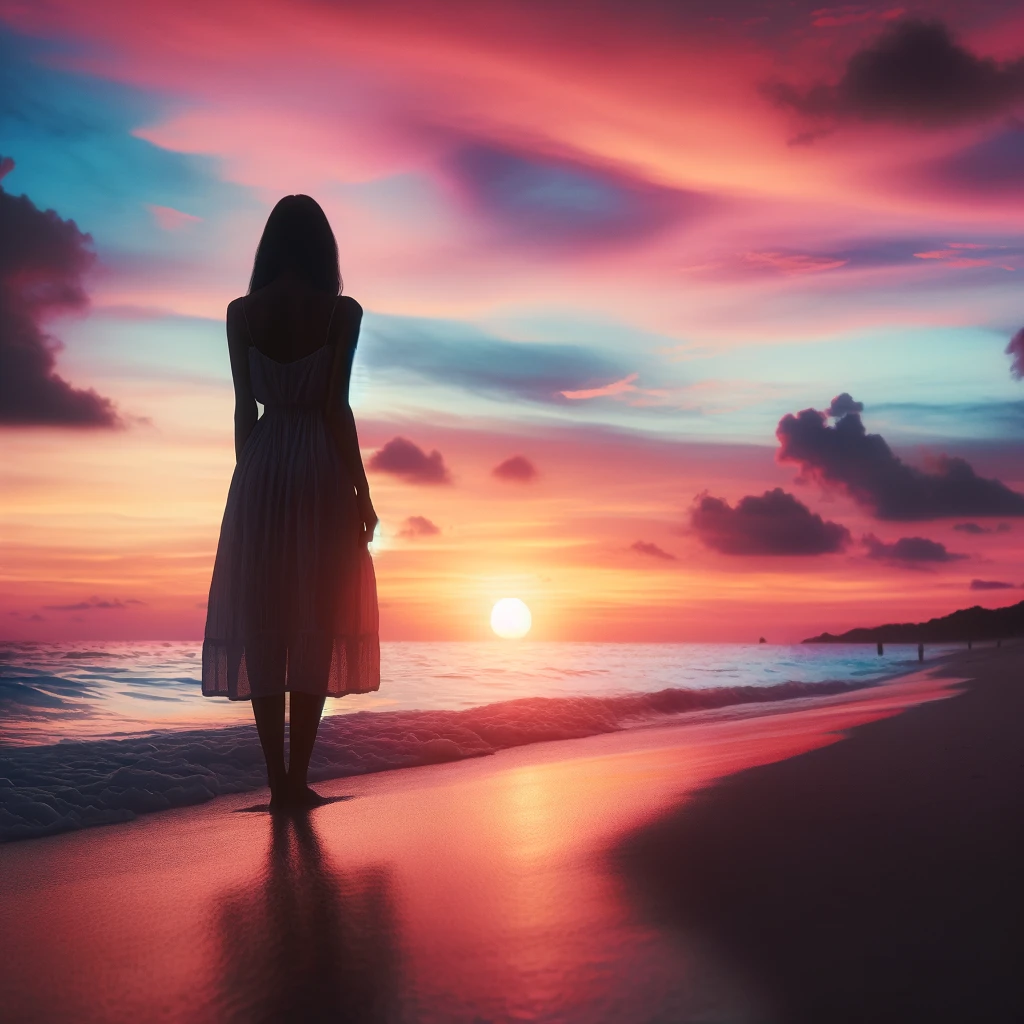 AI-generated image of woman in emotional pain standing on beach watching a beautiful sunset. 