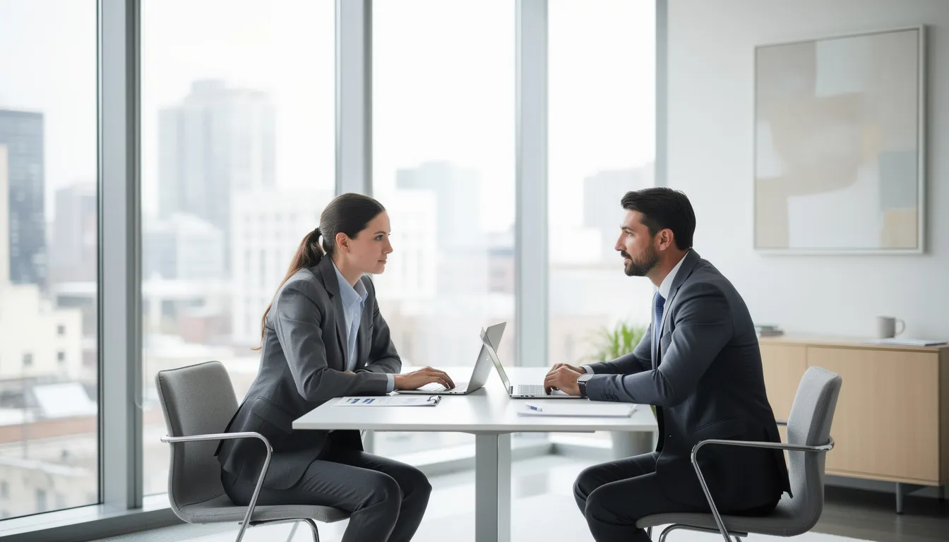 Un professionnel en consultation discute avec un client dans un bureau moderne, entouré de documents relatifs à la demande de parrainage pour l'immigration au Canada. Cette scène illustre l'importance de l'aide d'un consultant en immigration pour naviguer dans le processus complexe de résidence permanente.