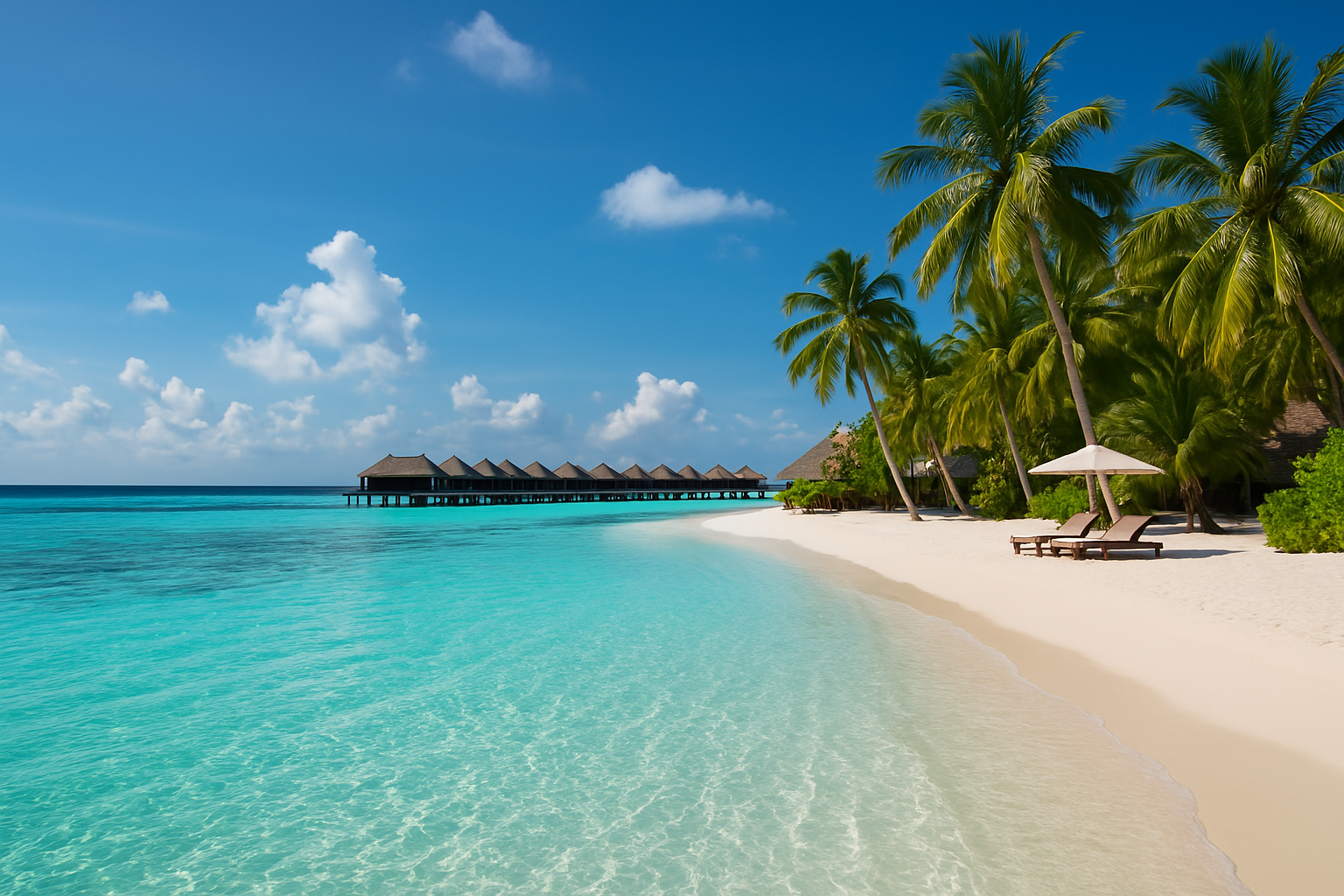 A stunning view of Maldives showcasing pristine beaches and crystal clear waters, perfect for honeymoon ideas for a luxury beach vacation.