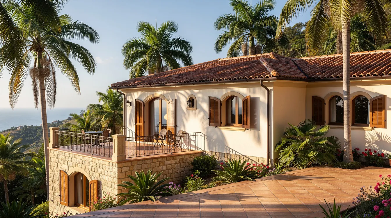 The image depicts a charming Mediterranean villa with a warm terracotta roof, nestled among lush palm trees, embodying the idyllic lifestyle many seek when considering to retire to Spain from the UK. This picturesque setting is reminiscent of the Costa del Sol, a popular destination for British retirees looking for a serene environment and a vibrant expat community.