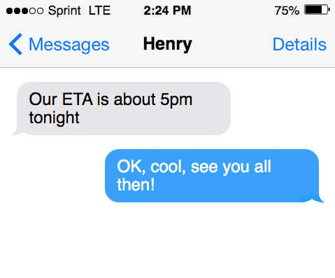ETA getting used in a text message between two people