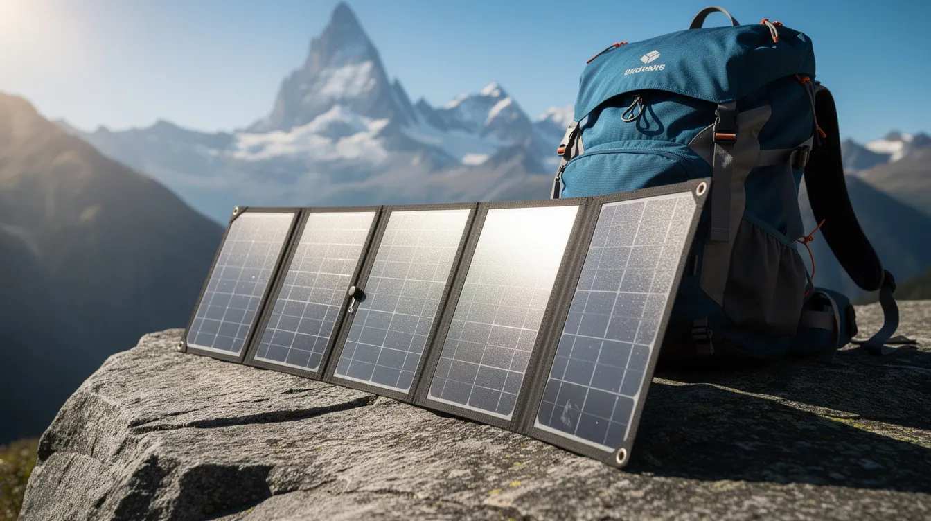 Ein faltbares Solarpanel ist auf einem Felsen in den Bergen aufgeklappt, neben einem Rucksack, während die Sonne hell im Hintergrund scheint. Dieses Solarladegerät eignet sich perfekt für Outdoor-Aktivitäten und bietet eine praktische Möglichkeit, Smartphones und andere Geräte aufzuladen.