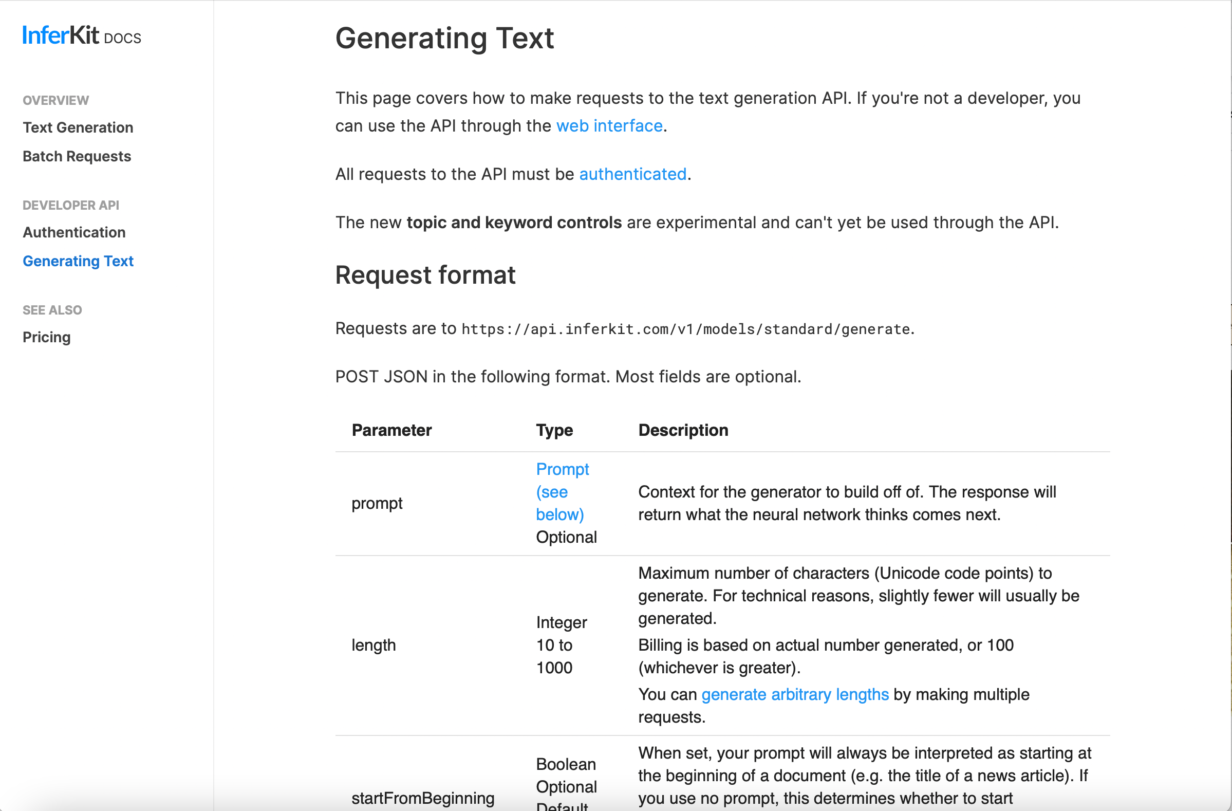 Inferkit API document example