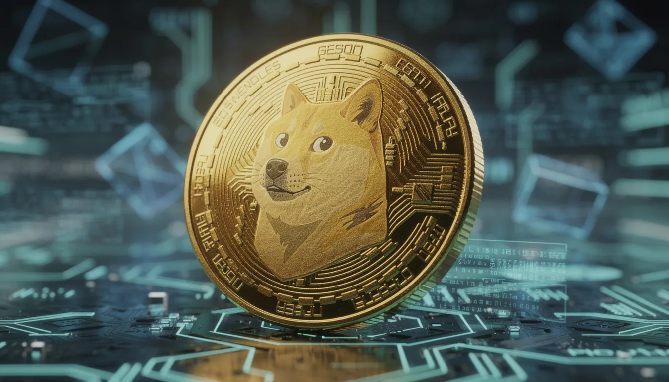 A imagem apresenta uma moeda dourada, simbolizando o Dogecoin, destacando-se sobre um fundo tecnológico abstrato que sugere inovação e modernidade. Este cenário pode evocar o universo das apostas online e dos melhores cassinos dogecoin, atraindo a atenção de apostadores e entusiastas de criptomoedas.