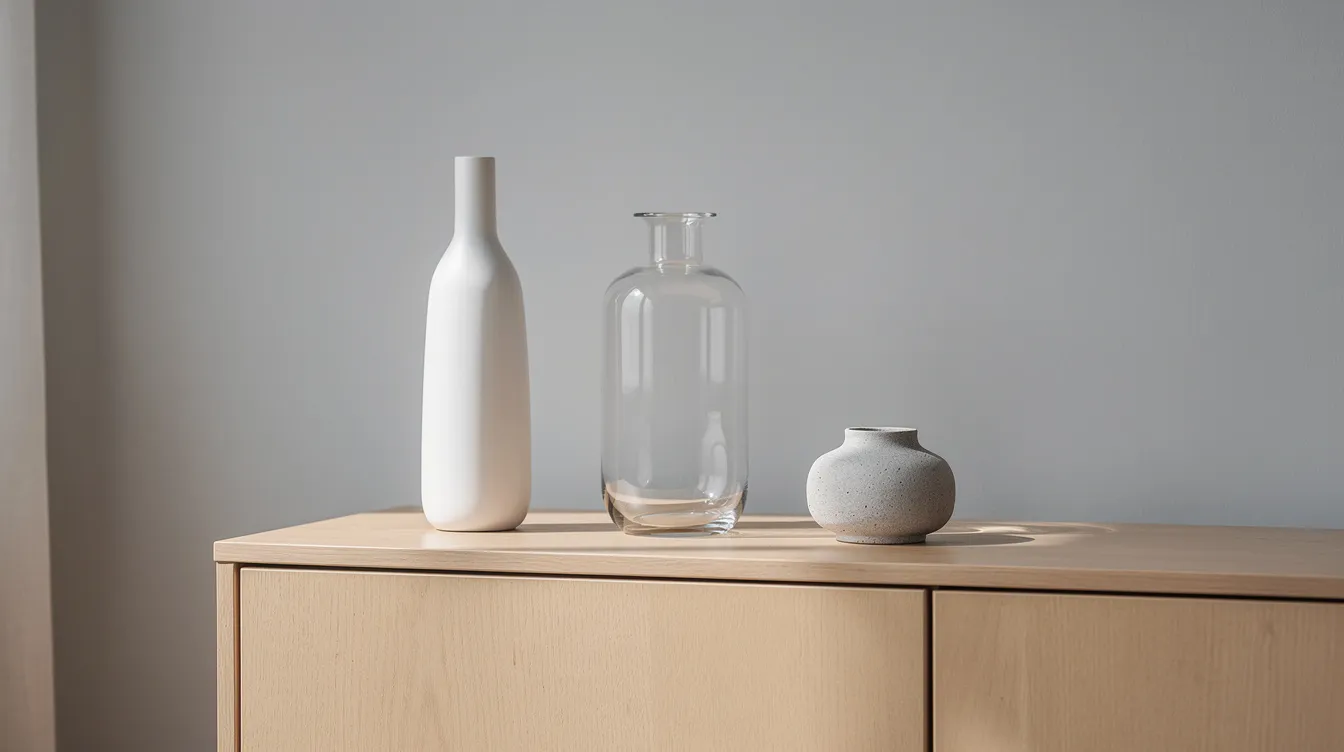 Ett stilleben med tre vaser i olika höjder står på en sideboard. Vaserna, i varierande storlekar och material, är fyllda med vackra snittblommor som skapar en harmonisk och stilren känsla i rummet.