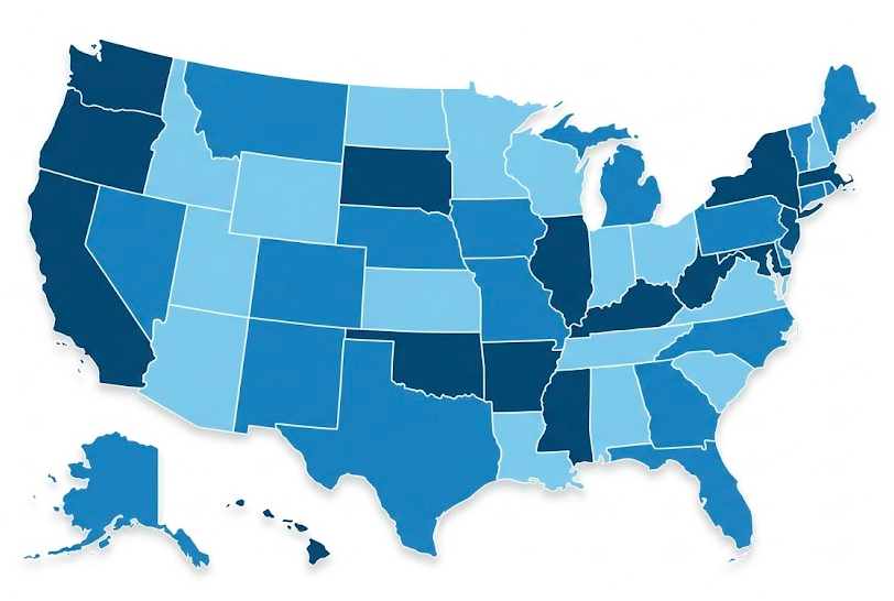 US map showing GPS tracking law categories by state, strict consent, owner-friendly, and stalking law states