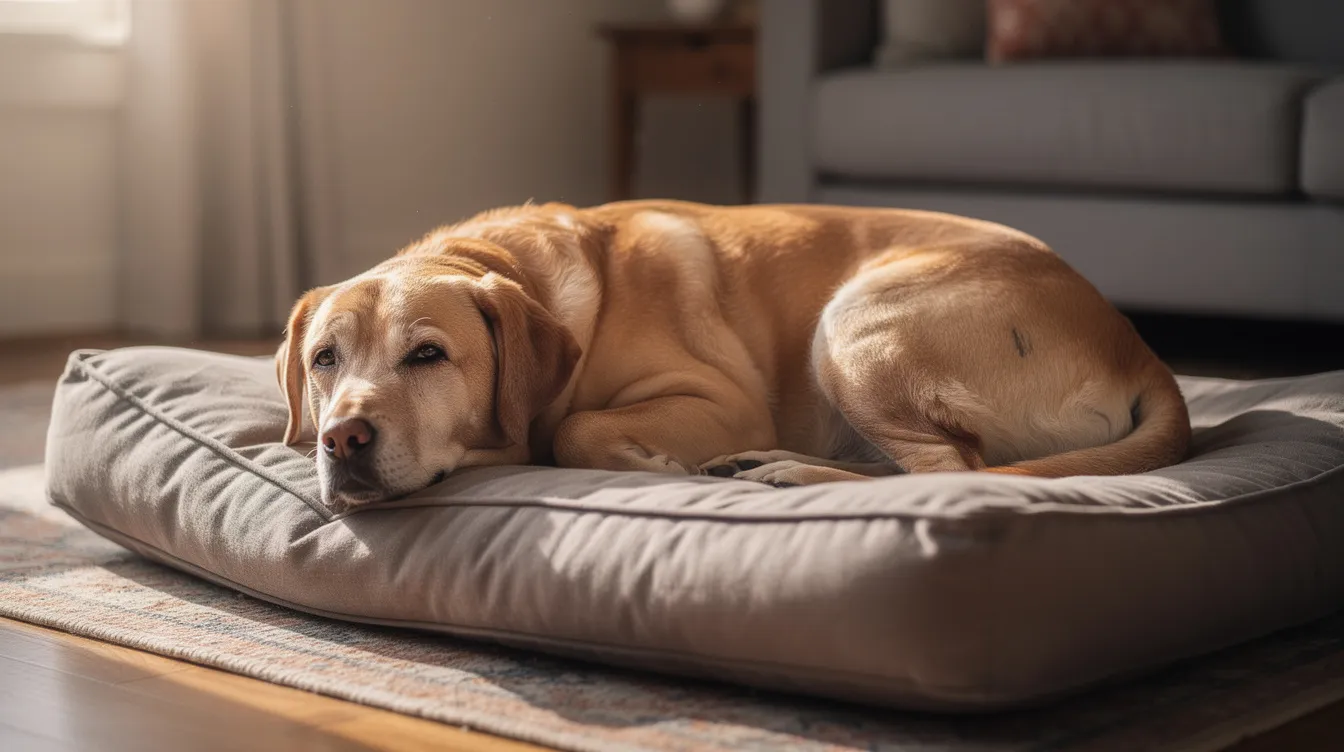 A large senior Labrador retriever is resting comfortably on a soft dog bed, appearing relaxed yet slightly stiff, possibly due to joint stiffness or developing arthritis. This image highlights the importance of joint supplements, such as glucosamine and chondroitin, which can help support the dog's joints and improve their overall quality of life.