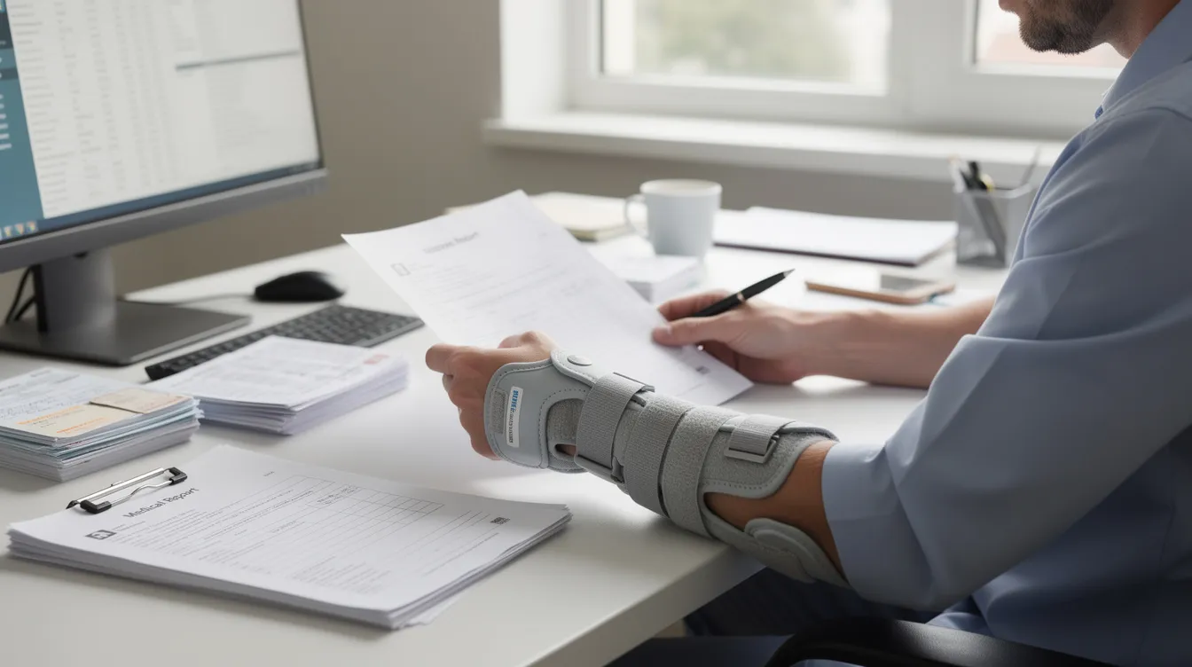 A person is seated at a desk, carefully reviewing medical paperwork and documents while wearing a brace on their arm, indicating they may be dealing with a work-related injury. This scene suggests they are navigating the workers compensation process, possibly seeking benefits for their temporary disability or permanent partial disability as they manage their recovery.