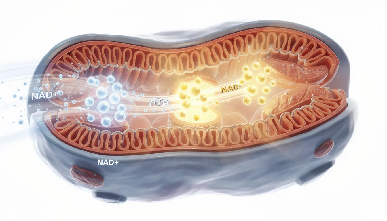 The illustration depicts cellular mitochondria illuminated by glowing energy particles, symbolizing NAD+ molecules that drive ATP production, highlighting the essential role of nicotinamide adenine dinucleotide in cellular energy and metabolic health. This visual emphasizes the importance of NMN supplementation for supporting cellular health and energy production, relevant to ongoing clinical research and studies on healthy aging.