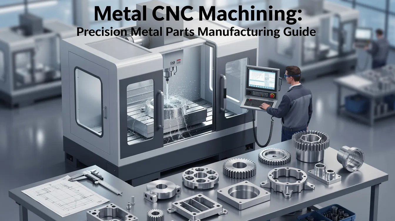 The image depicts a CNC machining setup showcasing various precision metal parts being manufactured through the CNC machining process. It highlights the use of cutting tools and milling machines, emphasizing the high precision and tight tolerances achieved in producing complex geometries from materials like aluminum alloys and stainless steel.