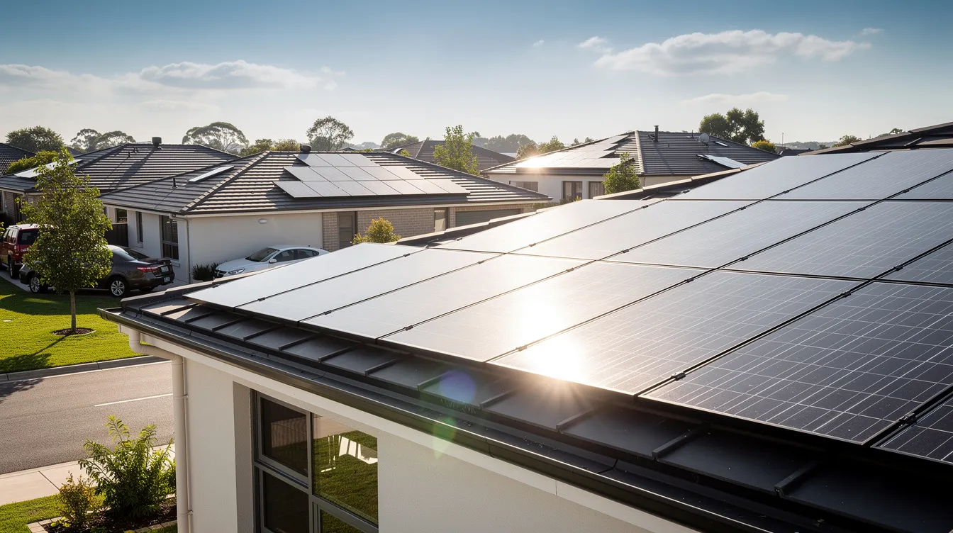 A suburban rooftop features modern solar panels that reflect sunlight, showcasing a solar power system designed to generate electricity. This installation highlights the use of renewable energy sources, contributing to clean energy production in the neighborhood.
