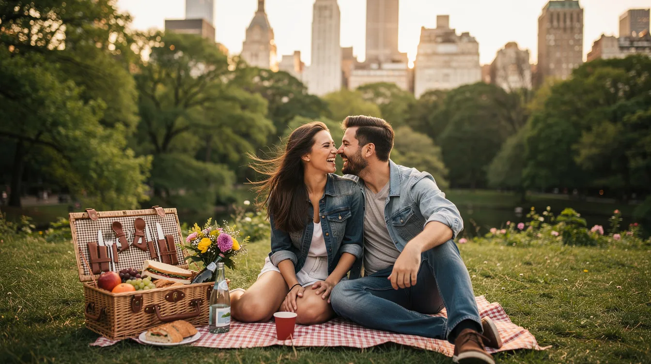 A couple enjoys a cozy picnic in Central Park, surrounded by lush greenery and the vibrant atmosphere of New York City. This scene captures a perfect first date idea, as they share food and laughter while basking in each other's company.