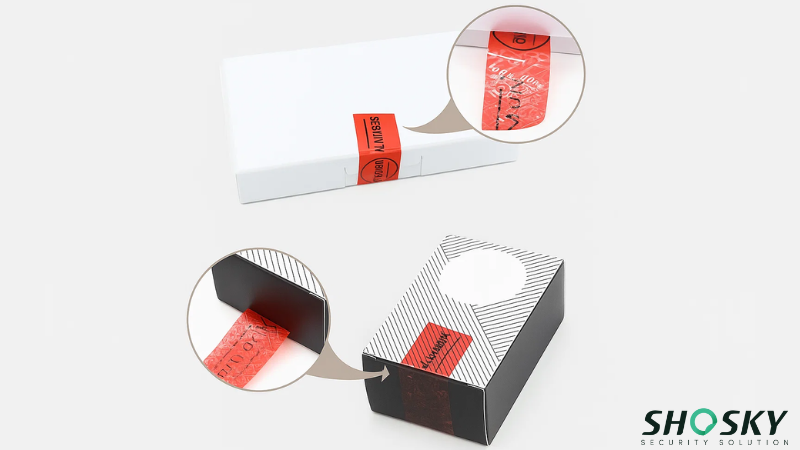 Magnified view of security tape revealing breach alert and branding
