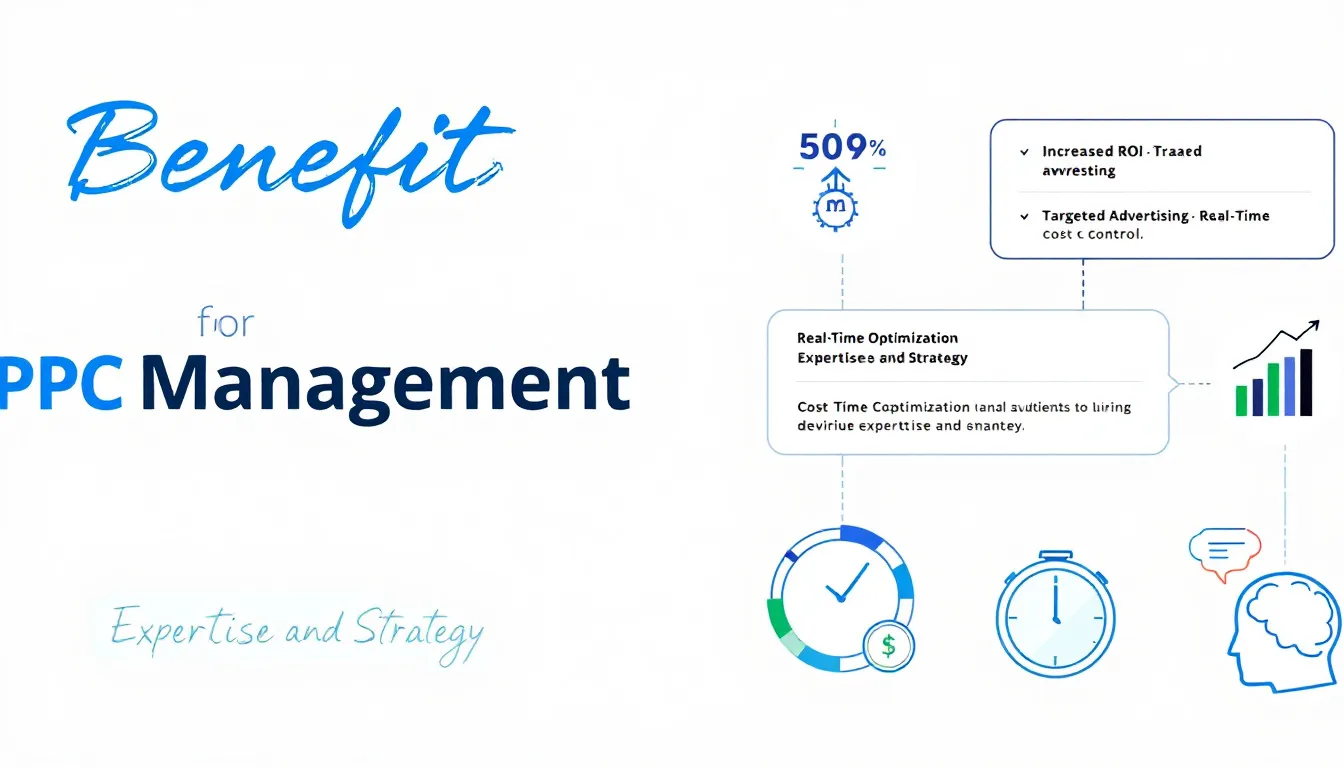 The image illustrates the benefits of professional PPC management, showcasing various elements like Google Ads, ad spend, and targeted advertising campaigns. It emphasizes how a PPC agency can enhance brand visibility, generate high-quality leads, and ensure cost-effective ad strategies for businesses.