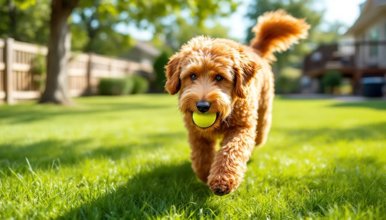 A playful red goldendoodle puppy is joyfully fetching a tennis ball in a spacious backyard, showcasing its curly coat and energetic demeanor. The dog