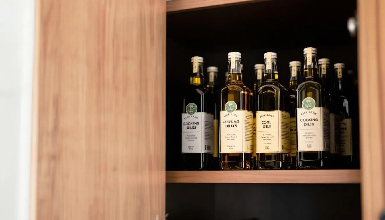 The image depicts a well-organized kitchen pantry shelf, showcasing a variety of cooking oils stored in a cool, dark cabinet, away from heat sources. Among the bottles are sesame oil and avocado oil, highlighting the importance of proper oil storage for maintaining the health benefits and flavor profiles of these versatile oils.