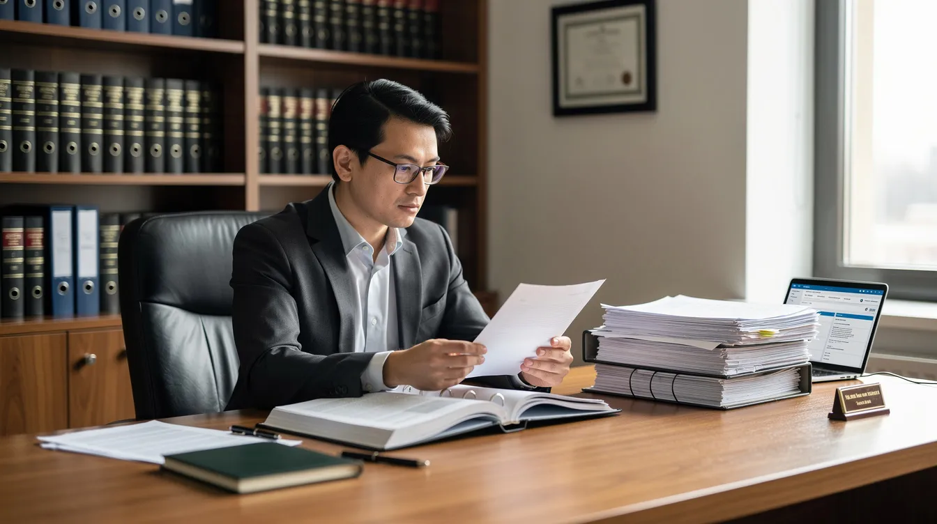 A professional attorney is seated at a desk, intently reviewing legal documents related to family law cases, including court orders and custody details. The workspace is organized, with papers spread out, highlighting various forms and findings necessary for preparing for an upcoming hearing in superior court.