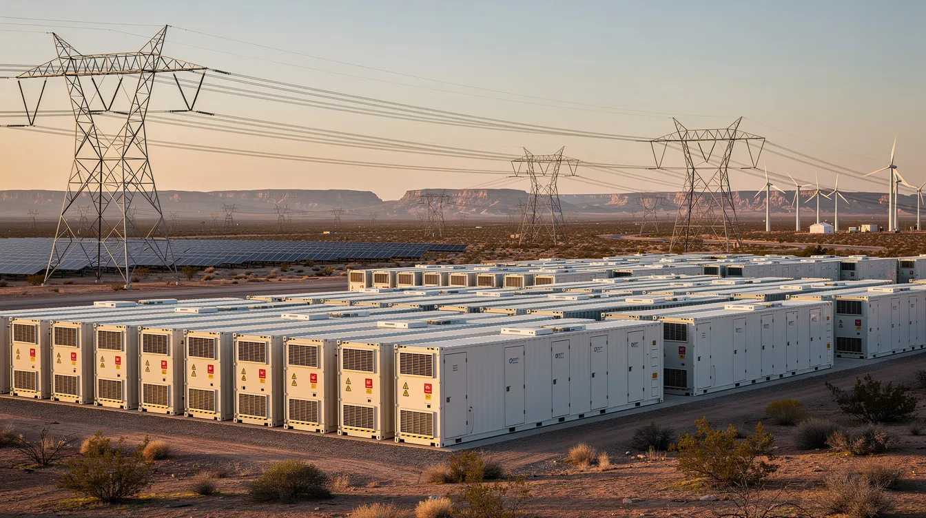 The image depicts a large-scale battery energy storage facility in the American Southwest, featuring rows of modern battery energy storage systems (BESS) and intricate transmission infrastructure, set against a backdrop of solar and wind generation. This scene illustrates the rapid growth and investment in energy storage projects, highlighting the evolving legal and regulatory landscape in the energy sector.