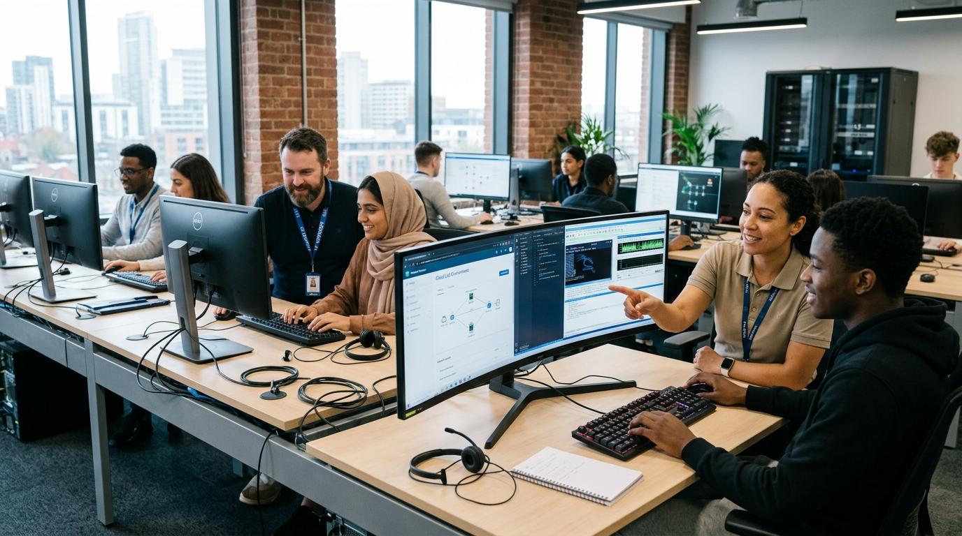 Students and IT professionals using cloud-hosted virtual desktops and immersive technical lab environments side by side, highlighting flexible education and specialized skills training.