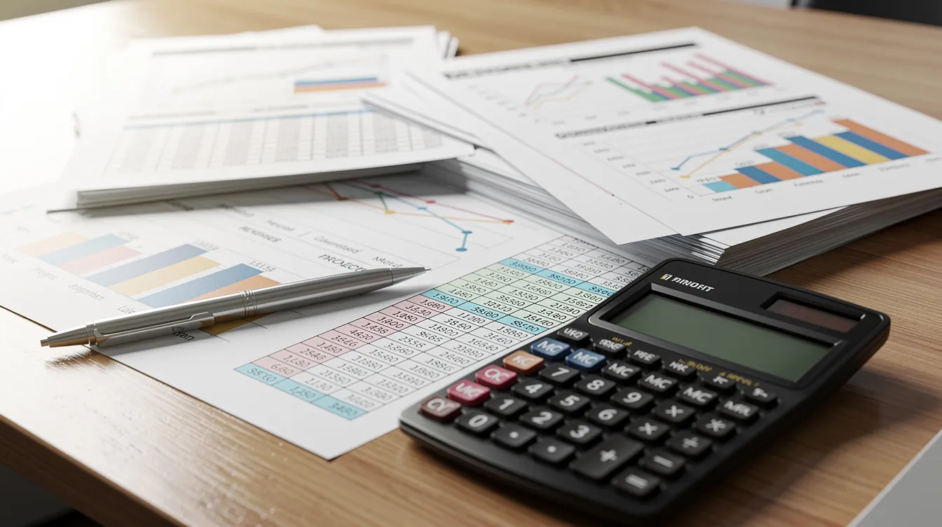 a39c0fb8 d493 4d29 924e a7c5f9bd43f9 A close-up view of financial spreadsheets and charts is displayed on a desk alongside a calculator, symbolizing the financial analysis of a whey processing project. This image highlights the importance of raw material costs and profitability analysis in the dairy processing industry.