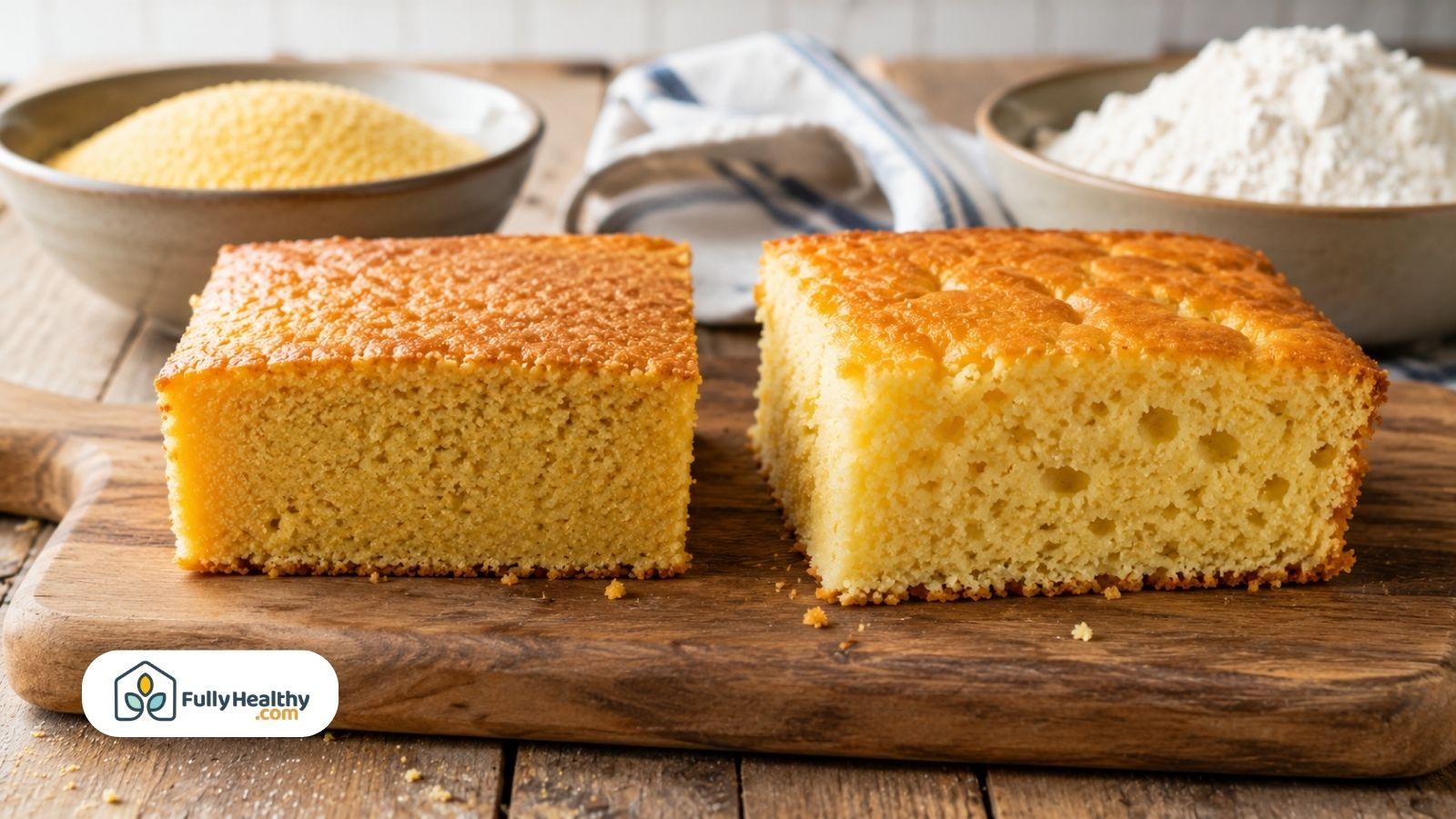 Gluten-free and traditional cornbread slices beside bowls of cornmeal and flour